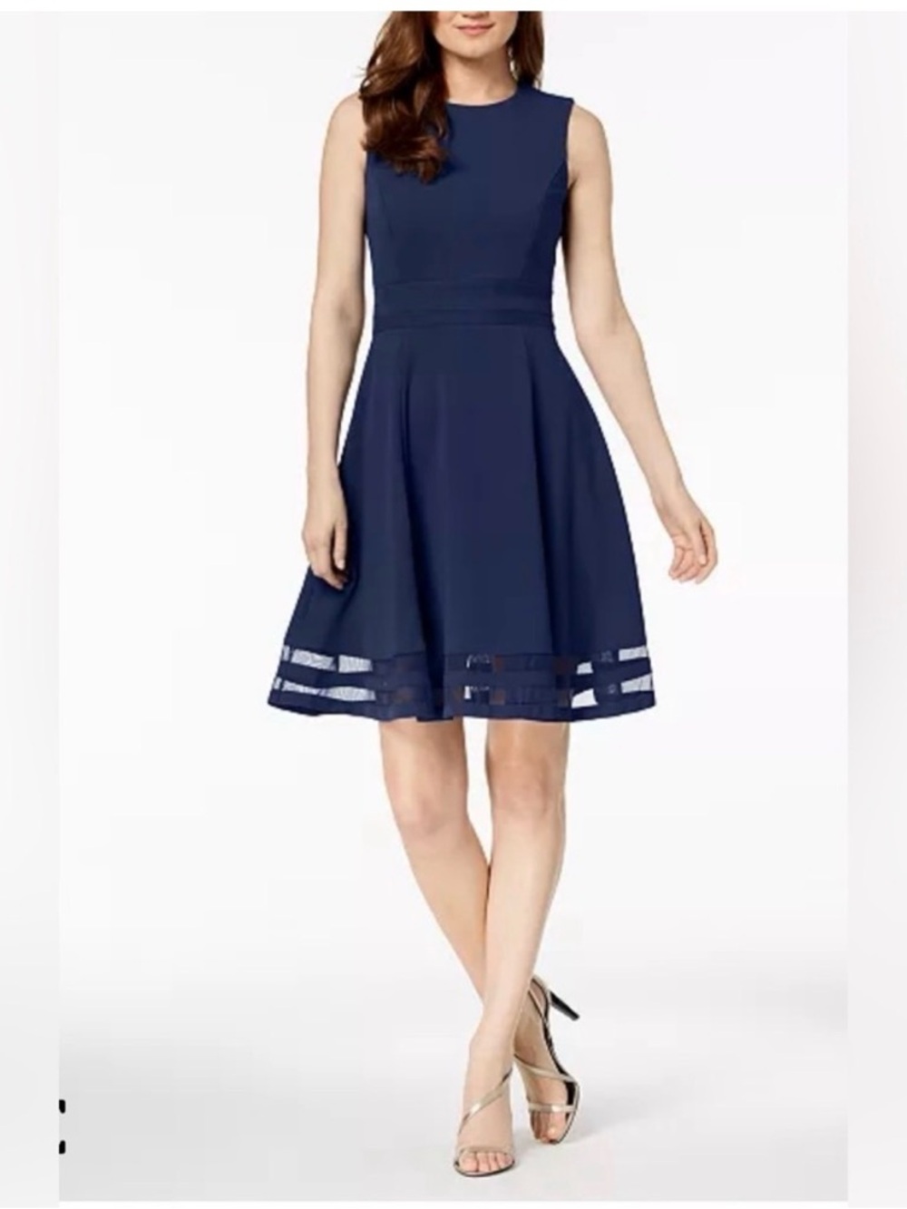 CALVIN KLEIN Illusion Trim Fit & Flare Dress in Navy Size 10